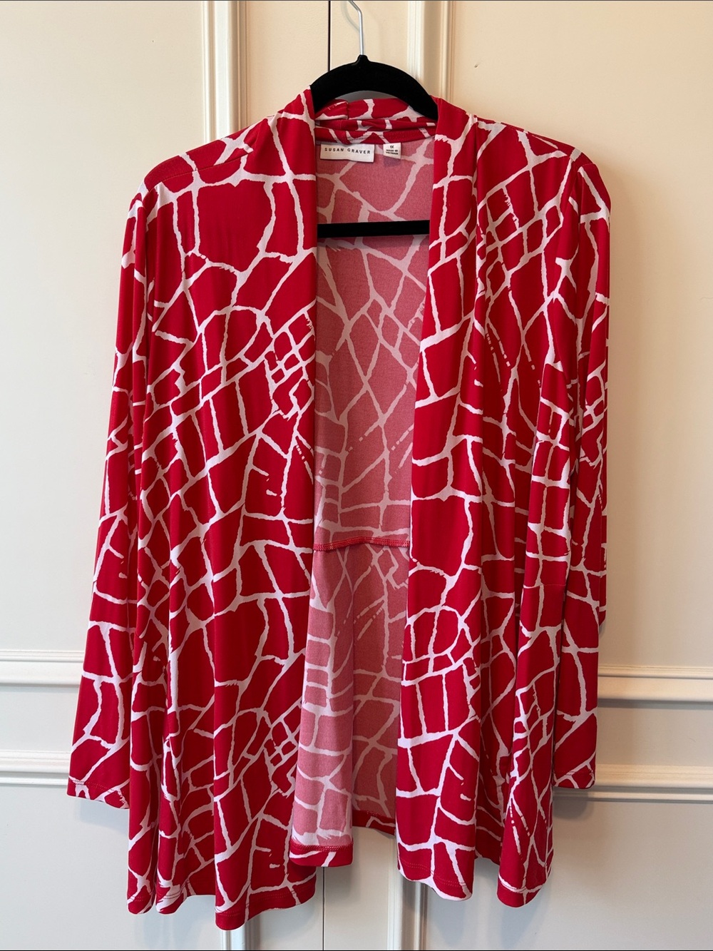 Susan Graver Red and White Open-Front Patterned Cardigan
